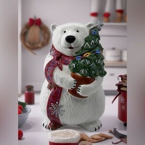 Vintage Pfaltzgraff White SNOW BEAR 12.5” Christmas Cookie Jar: Tree •EUC